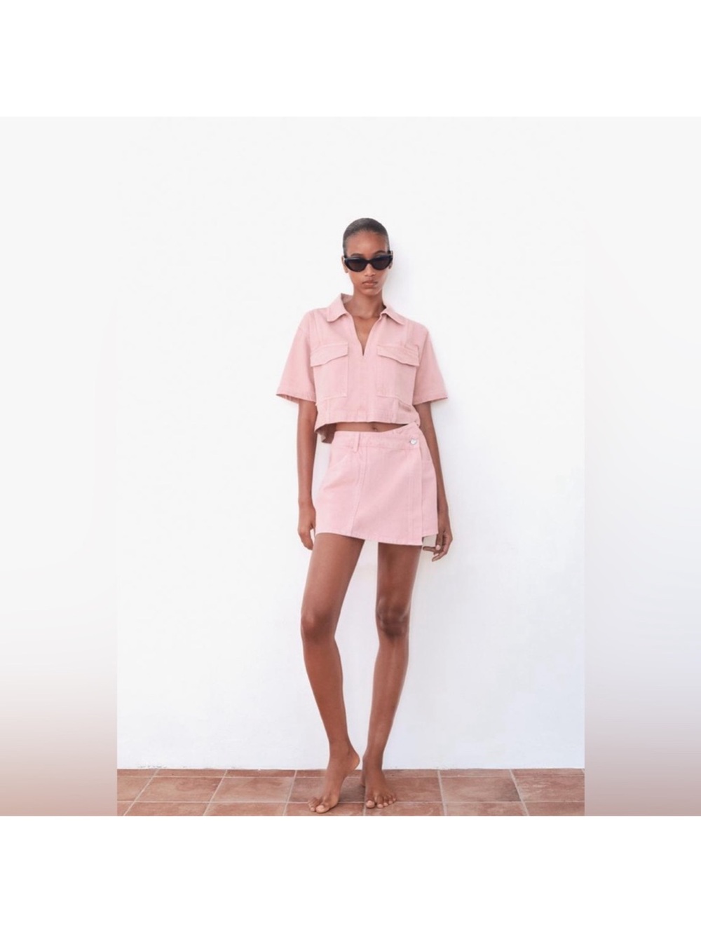 Zara Cropped Pink Denim Utility Shirt & Mini Skirt Set